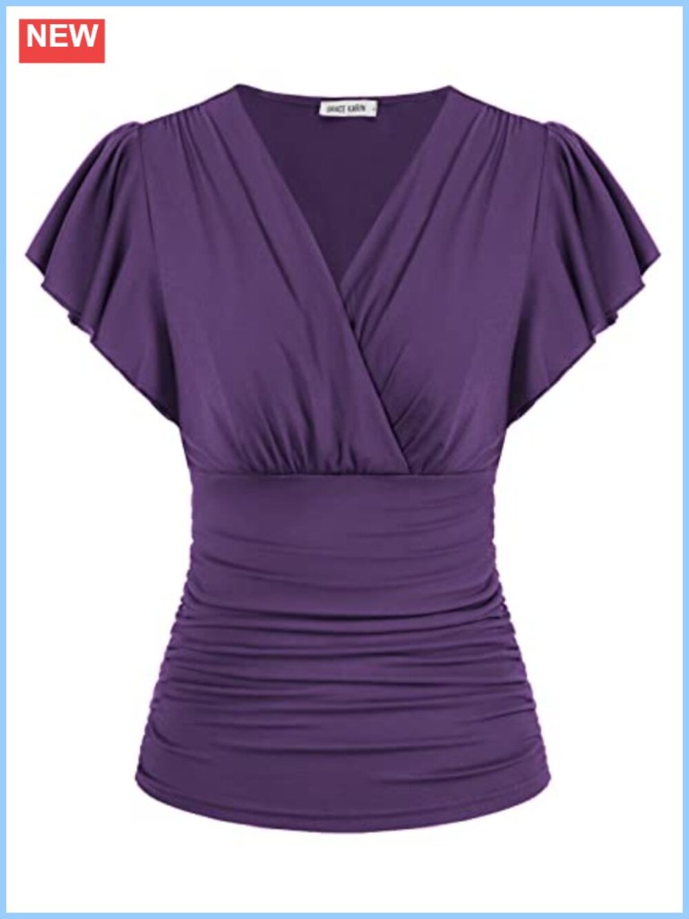 Womens Ruffle Sleeve Wrap Blouse Ruched Waist V-Neck Dressy Casual Top
